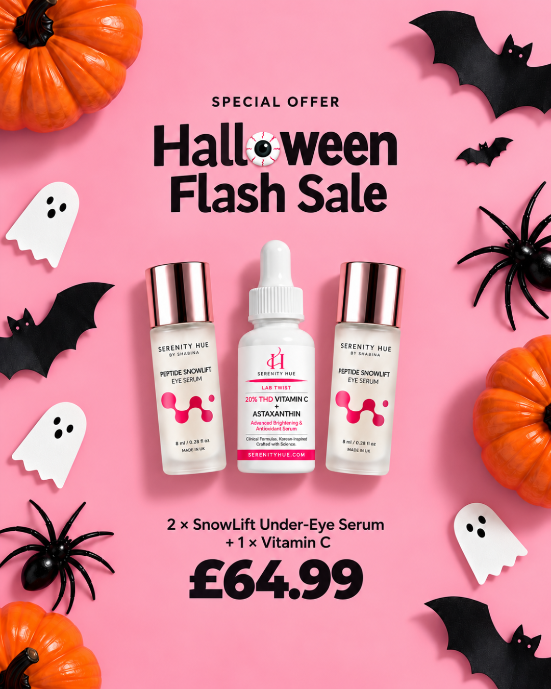 Serenity Hue Halloween Skincare Bundle | 2x Snow Lift Peptide Eye Serum + 1x 20% THD Vitamin C Serum